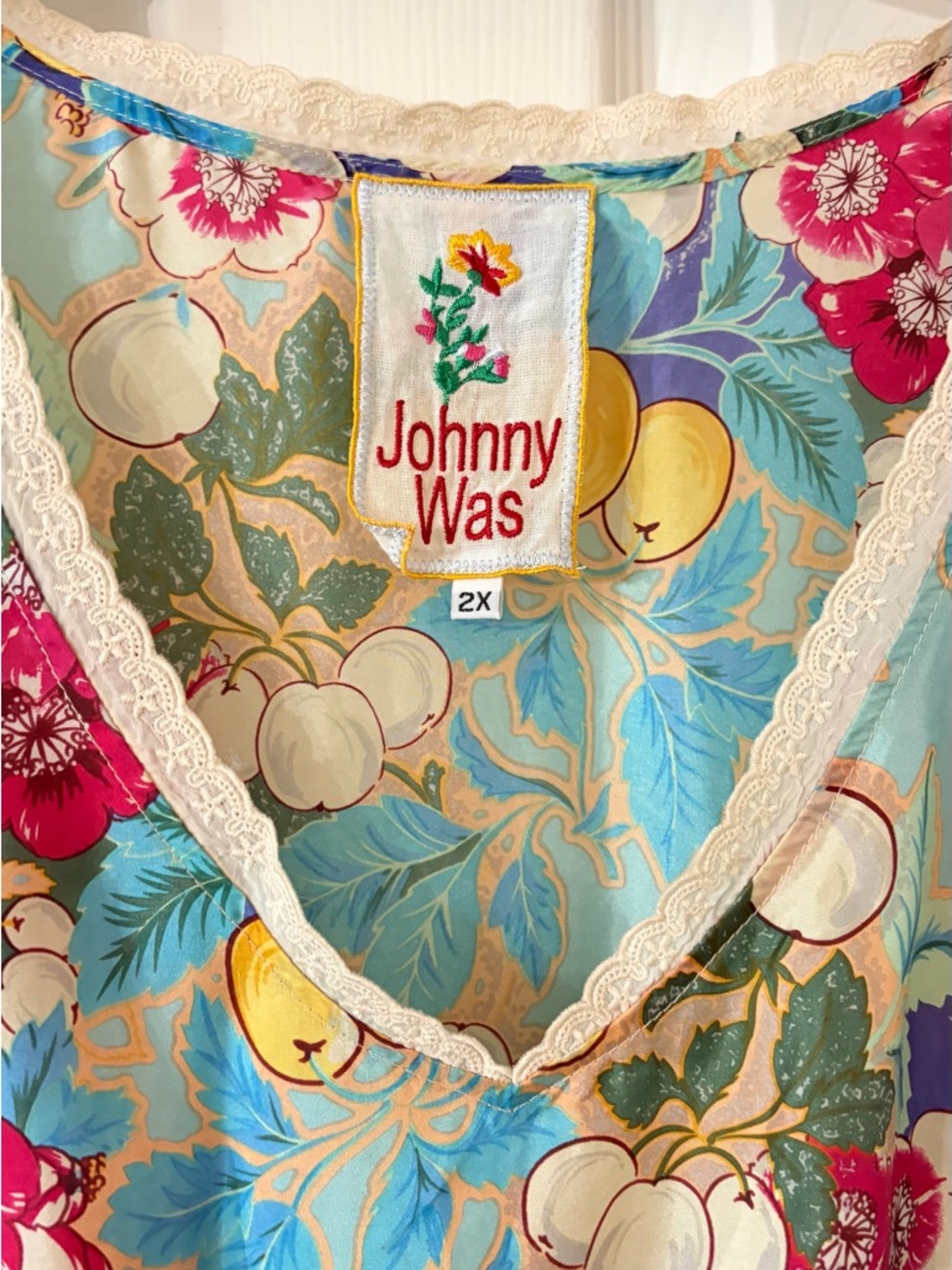 Johnny Was Turquoise Floral Lace-Trim Slip Maxi Dress with Pink Accents